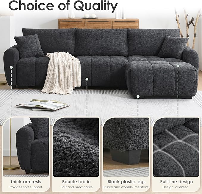 Ball & Cast Modular Sectional Sofa W/Movable Ottoman and 2 Lumbar Pillows,4 Seater L Shaped Couch W/Deep Seat,DIY Combination,Boucle Fabric Upholstered Sofa for Living Room,Apartment,Black+ Gray,110"
