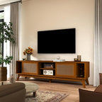Ball & Cast 68" Mid Century Modern TV Stand for TVs up to 75", Media Console with Rattan Sliding Doors, Open Shelves & Solid Wood Legs, Entertainment Center for Living Room,Bedroom,Light Walnut