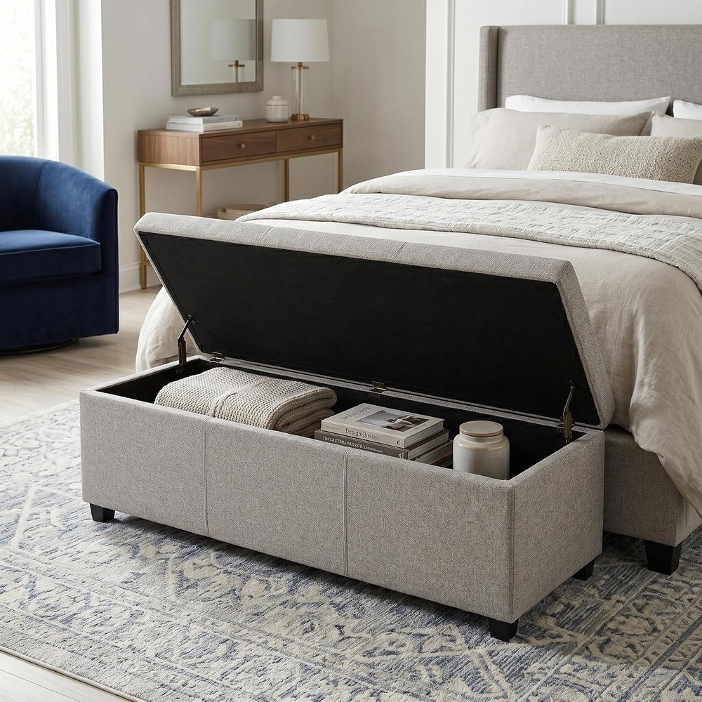 SIMPLIHOME Avalon 54" Wide Linen Look Fabric Storage Ottoman in Cloud Gr...