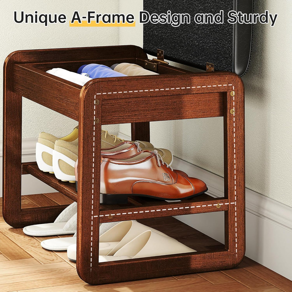 Shoe Rack Bench with Flip-Top Storage, Rubberwood 2-Tier Shoe Organizer with ...