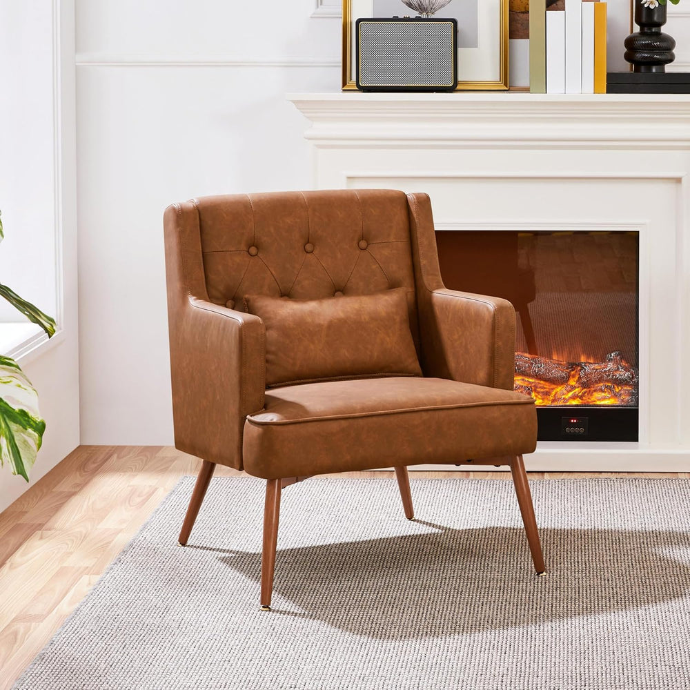 Yaheetech Accent Chair, Mid-Century Modern Armchair, Retro Brown | Faux Leath...
