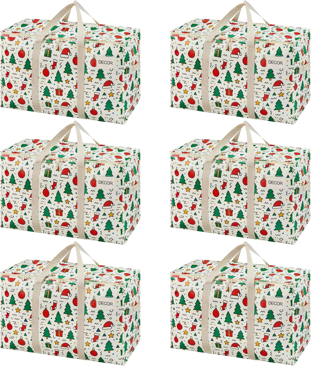 VENO 6 Pack Moving Bags and Large Christmas Storage Bins with lids. Alternative to Moving Boxes, Packing Supplies for College. Extra Large Heavy Duty Totes for Packaging (Jingle Mix, 6 Pack)