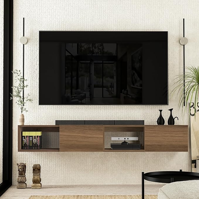Atelier Mobili Floating TV Stand - Wall Mounted TV Stand for 75 Inch TV - Floating TV Shelf - Modern TV Stands for Living Room - Sleek Entertainment Center Design (Walnut, 2 Doors 2 Shelves)