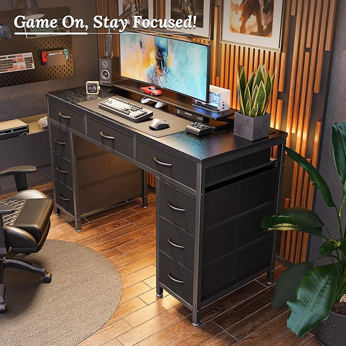 PRAISUN 47 Inch Office Desk with Outlets, Computer Desk with 9 Fabric Drawers, Writing Gaming Work Study Desk for Bedroom, Living Room, Home Office, Large Storage, Black