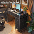 PRAISUN 47 Inch Office Desk with Outlets, Computer Desk with 9 Fabric Drawers, Writing Gaming Work Study Desk for Bedroom, Living Room, Home Office, Large Storage, Black