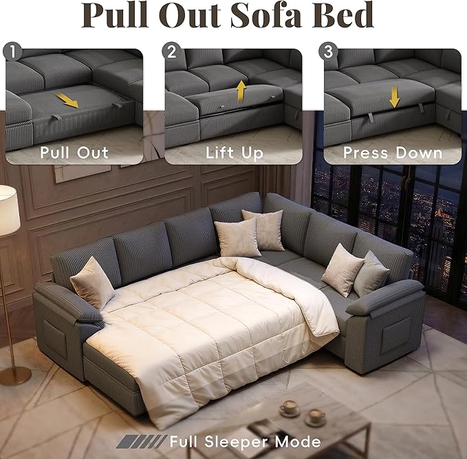 108 Inch Sectional Sleeper Sofa Bed with Pull Out Couch, U Shaped 7 Seat Cloud Modular Sectional Sofa with Storage, Corduroy Sectional Couches for Living Room, Removable Sofa Cover, Dark Grey