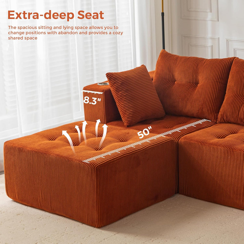 MAXYOYO Couch, L-Shaped Modular Cloud Couch, 4-Seat Sofa, Ottoman | Orange Tu...