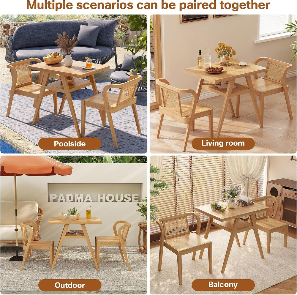 PADMA HOUSE Bistro Stacking Table Chair Set of 3, Wood Rattan Small Dining Ta...