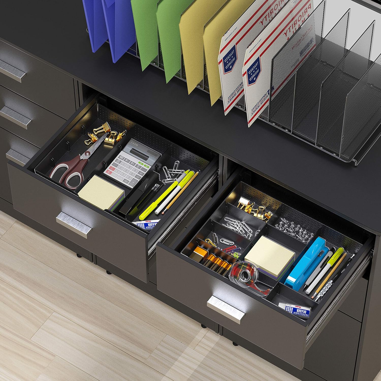 Simple Houseware Drawer Organizer Tray with 9 Adjustable Compartments, 2 Packs, Black