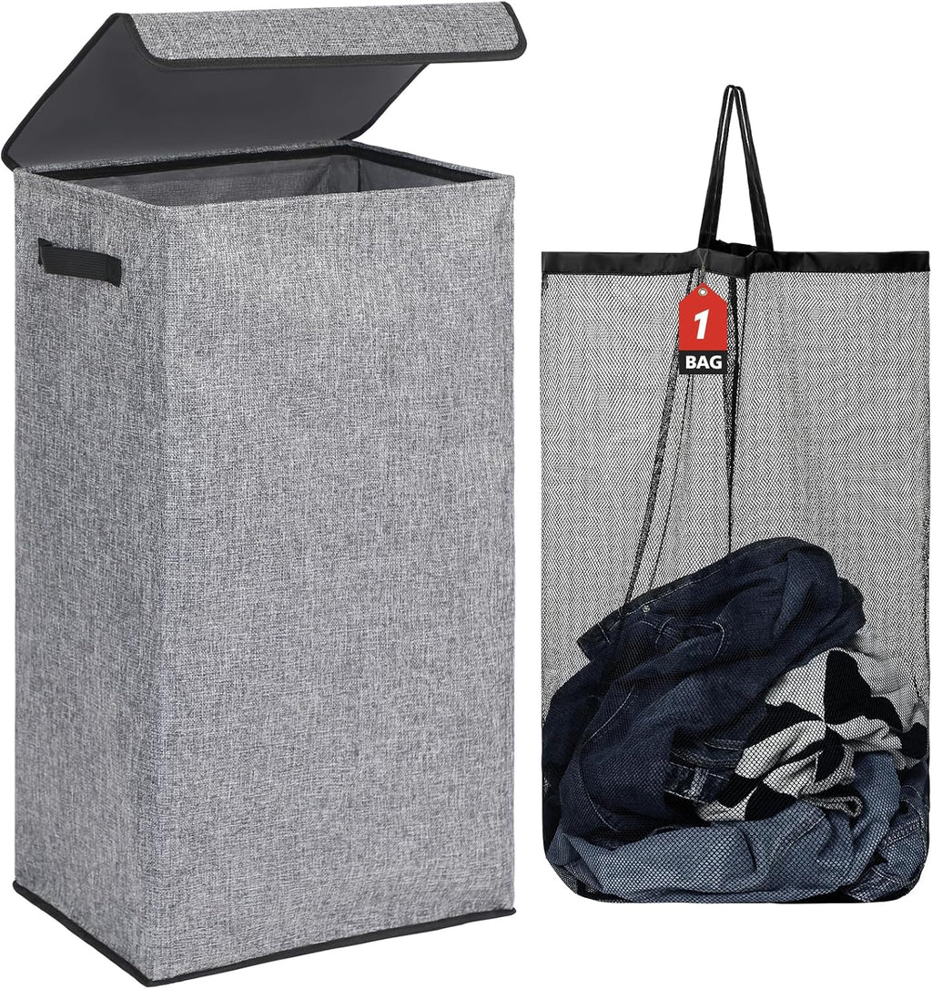 DOKEHOM 100L Laundry Basket with Lid and Removable Laundry Bags, Large Collapsible Laundry Hamper for Bedroom, Bathroom, Laundry Room, Colloge (Grey)