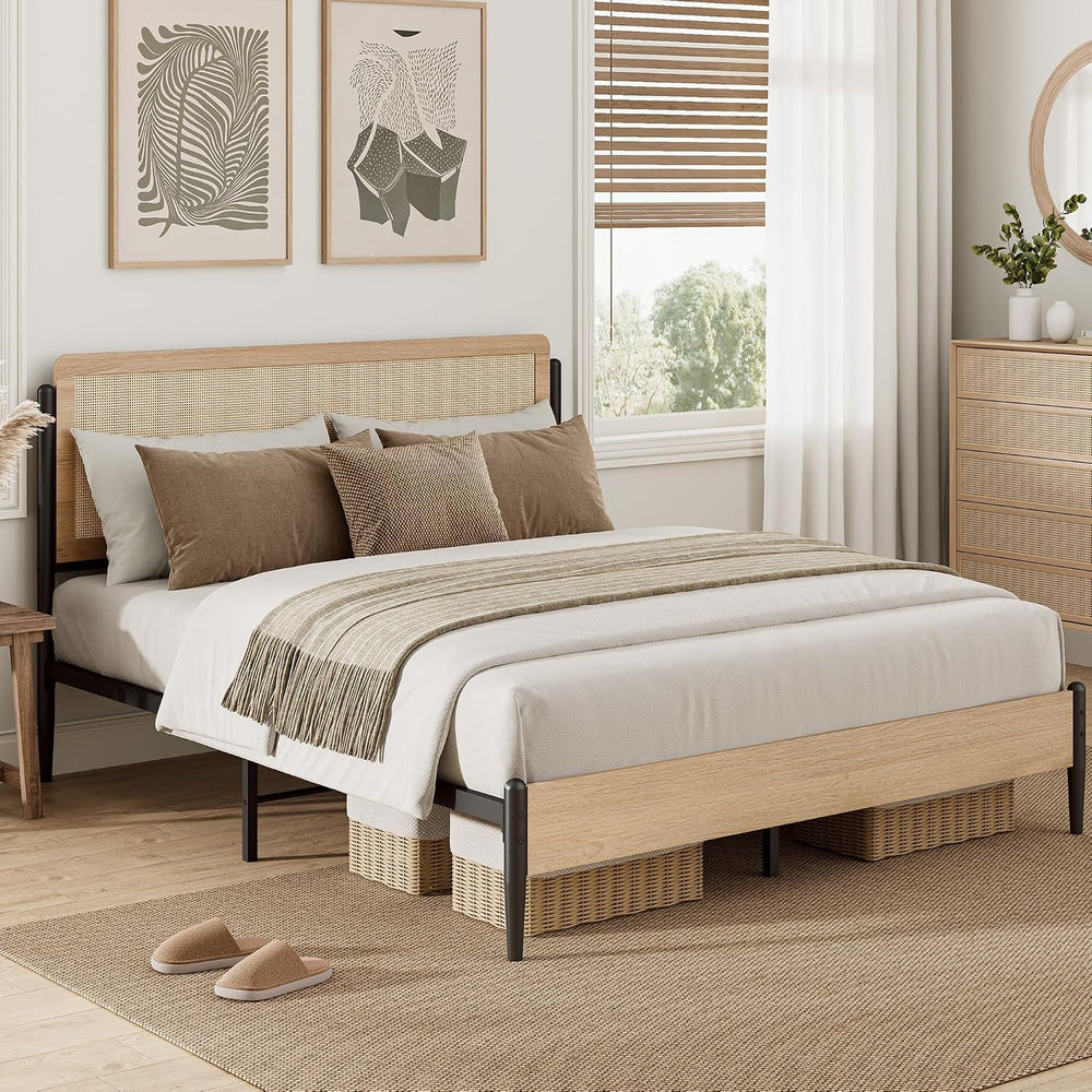 LIKIMIO Natural Rattan Queen Bed Frame with Wooden Headboard