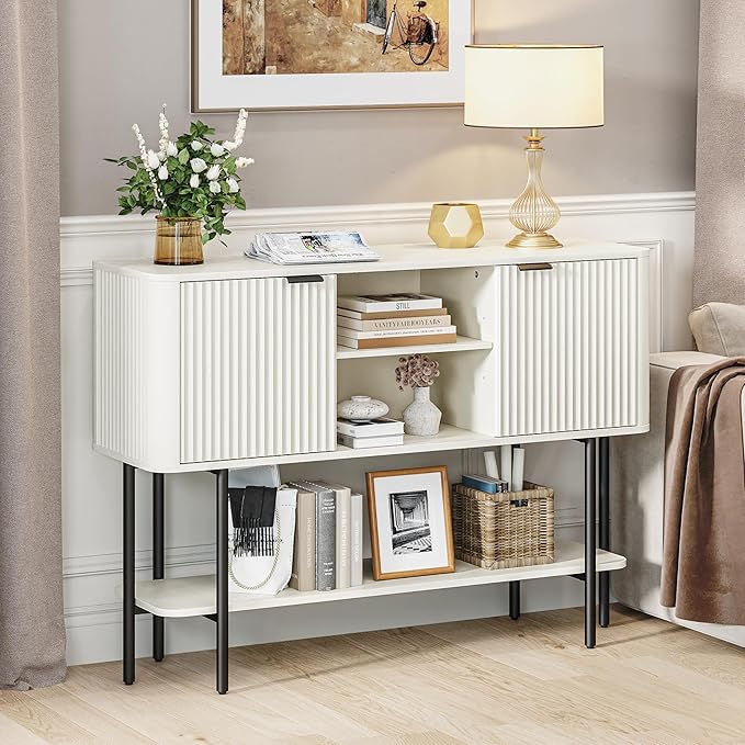 Fluted Console Table with Storage, 47" Long Entryway Table with with 2 Door Cabinets and Open Storage Shelf, Wood Sofa Table Behind Couch for Hallway Entrance Foyer Living Room, White