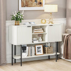 Fluted Console Table with Storage, 47" Long Entryway Table with with 2 Door Cabinets and Open Storage Shelf, Wood Sofa Table Behind Couch for Hallway Entrance Foyer Living Room, White