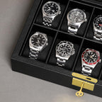 ROTHWELL 10 Slot Leather Watch Box - Luxury Case Display Jewelry Organizer - Locking Watch Display Case Holder with Large Glass Top - Box Organizer for Men and Women (Black/Black)