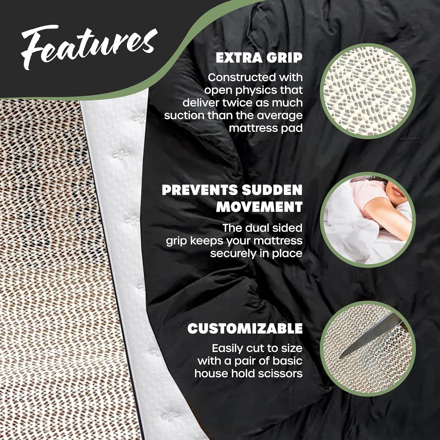 Nevlers 72" x 54" Queen Size Open-Weave Non Slip Mattress Gripper Pad | PVC Foam Non Slip Pad to Keep Bed from Sliding & Movement | Reversible Non-adhesive 6 Ft x 4.5 Ft Mattress Slide Stopper