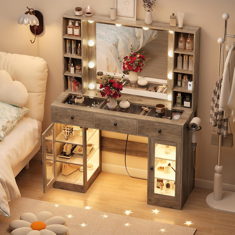 Grey Vanity Desk with Mirror and Lights, Glass Top Vanity with Lighted Mirror...