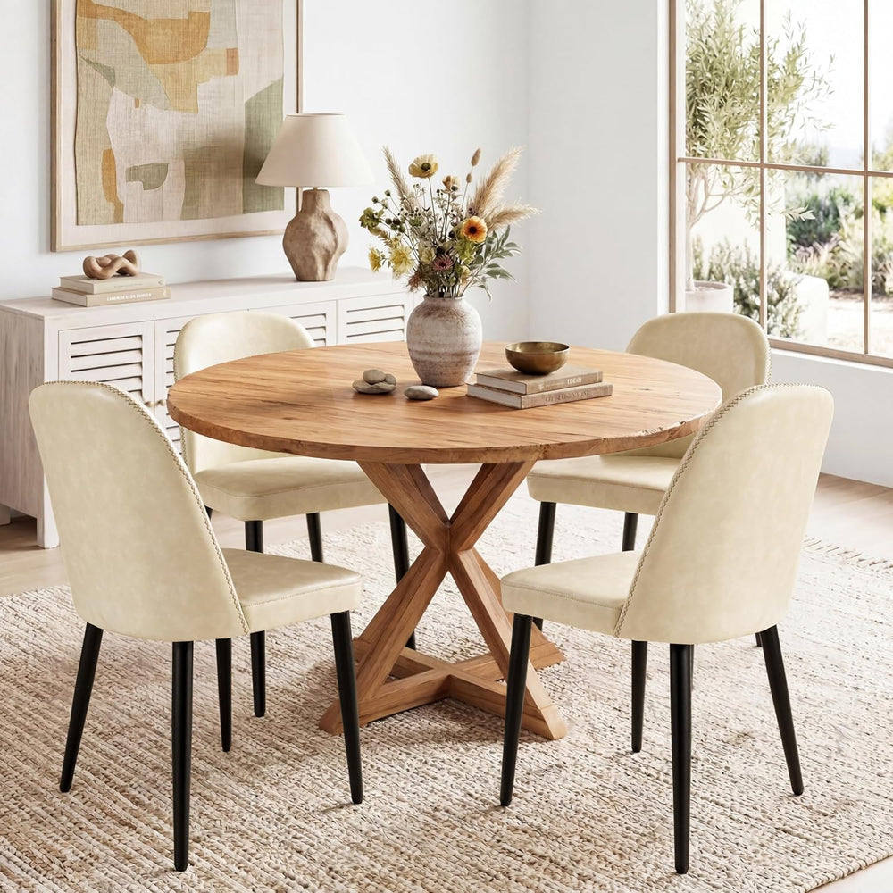 Set of 4 Mid-Century Modern Dining Chairs, Beige Faux Leather Upholstered Kit...