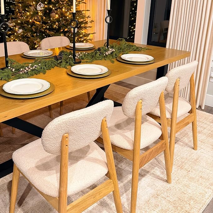 Wooden Dining Chairs Set of 6, Farmhouse Boucle Upholstered Kitchen Chairs, White