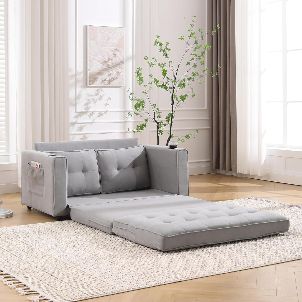 Convertible Sofa Bed, Folding Loveseat Sleeper Sofa Bed with Pillows,Fold Out Floor Couch with Cup Holder, Fabric Pull Out Sleeper Couch Bed for Living Room, Bedroom Lounge, Light Gary