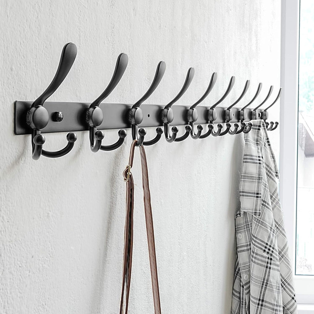 Dseap MaxStrong 2.0 Coat Rack Wall - 37” Long 10 Tri Hooks - Ultra Heavy-Duty Stainless Steel Wall Mount Coat Hanger, Hook Rail for Clothes Hats Jacket Towels Black