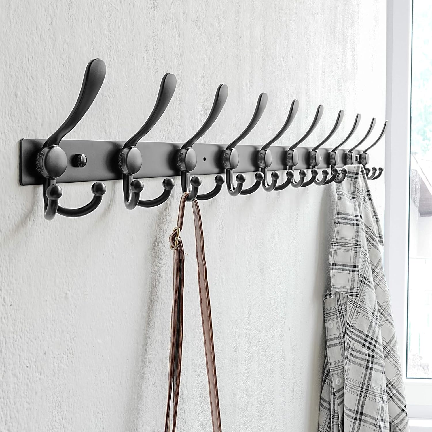 Dseap MaxStrong 2.0 Coat Rack Wall - 37” Long 10 Tri Hooks - Ultra Heavy-Duty Stainless Steel Wall Mount Coat Hanger, Hook Rail for Clothes Hats Jacket Towels Black