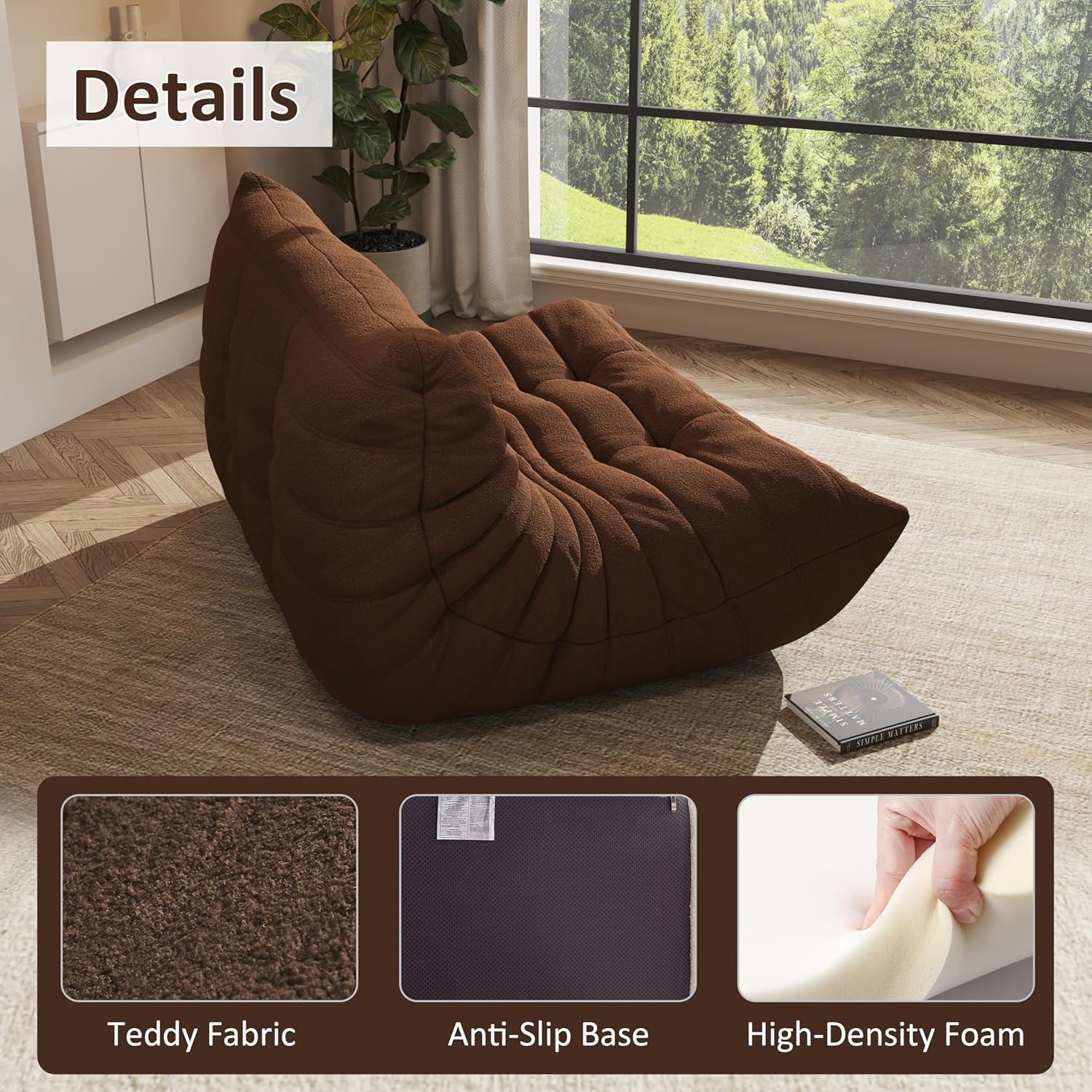 Giant Bean Bag Chair for Adult, Cozy Boneless Fireside Accent Loveseat Chair,Memory Foam Floor Sofa, Comfy Lounge Couch for Bedroom Small Living Room Apartment Daily Relax(Coffee,Loveseat)