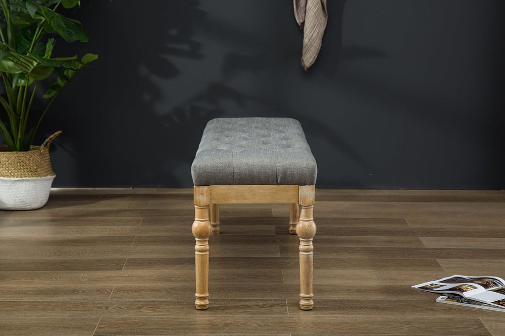 Roundhill Furniture Habit Solid Wood Button Tufted Dining Bench, Grey