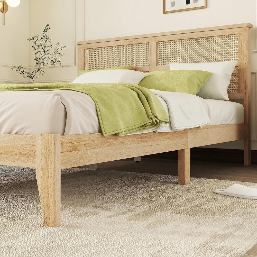 Queen Size Boho Platform Bed Frame with Rattan Headboard