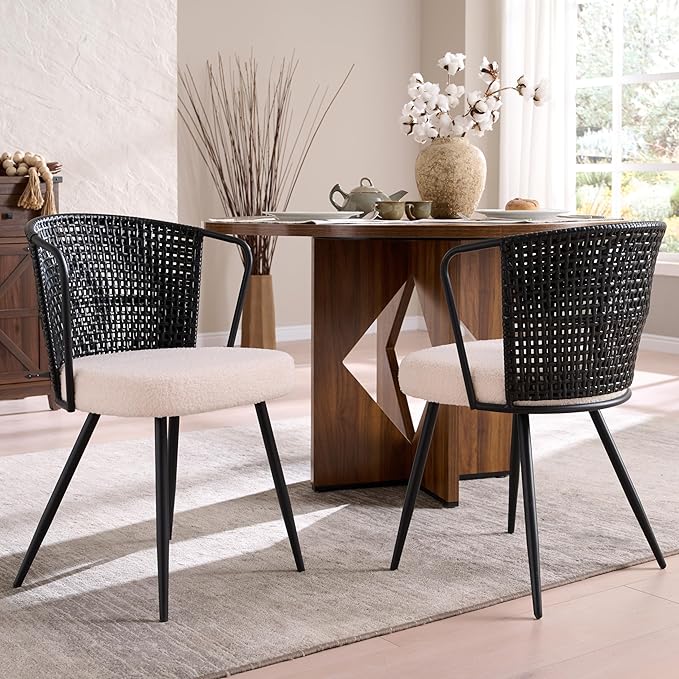 BedsPick Rattan Dining Chair Set of 2 - Farmhouse Upholstered Cane Back Kitchen Chair with Boucle Cushion, Wingback Dining Room Seat with Metal Legs for Home, Kitchen (Black)