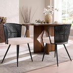 BedsPick Rattan Dining Chair Set of 2 - Farmhouse Upholstered Cane Back Kitchen Chair with Boucle Cushion, Wingback Dining Room Seat with Metal Legs for Home, Kitchen (Black)