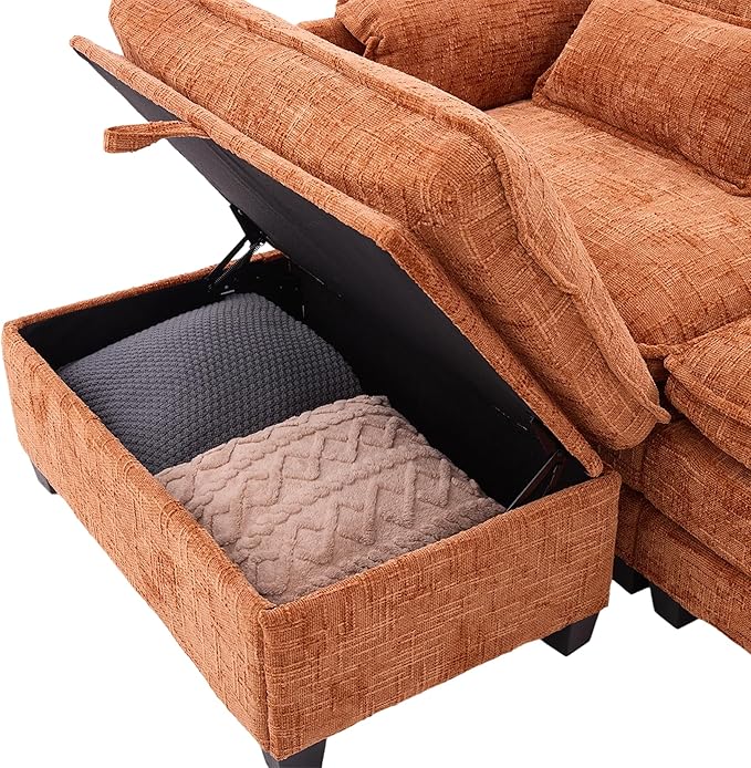 Ball & Cast 109" Oversized Sectional Sofa,Comfy Cloud Couch W/Movable Storage Ottoman,L Shaped Sectional Sofa W/USB Charging Port,Phone Holder&Side Pocke,Chenille Fabric,for Living Room,Orange