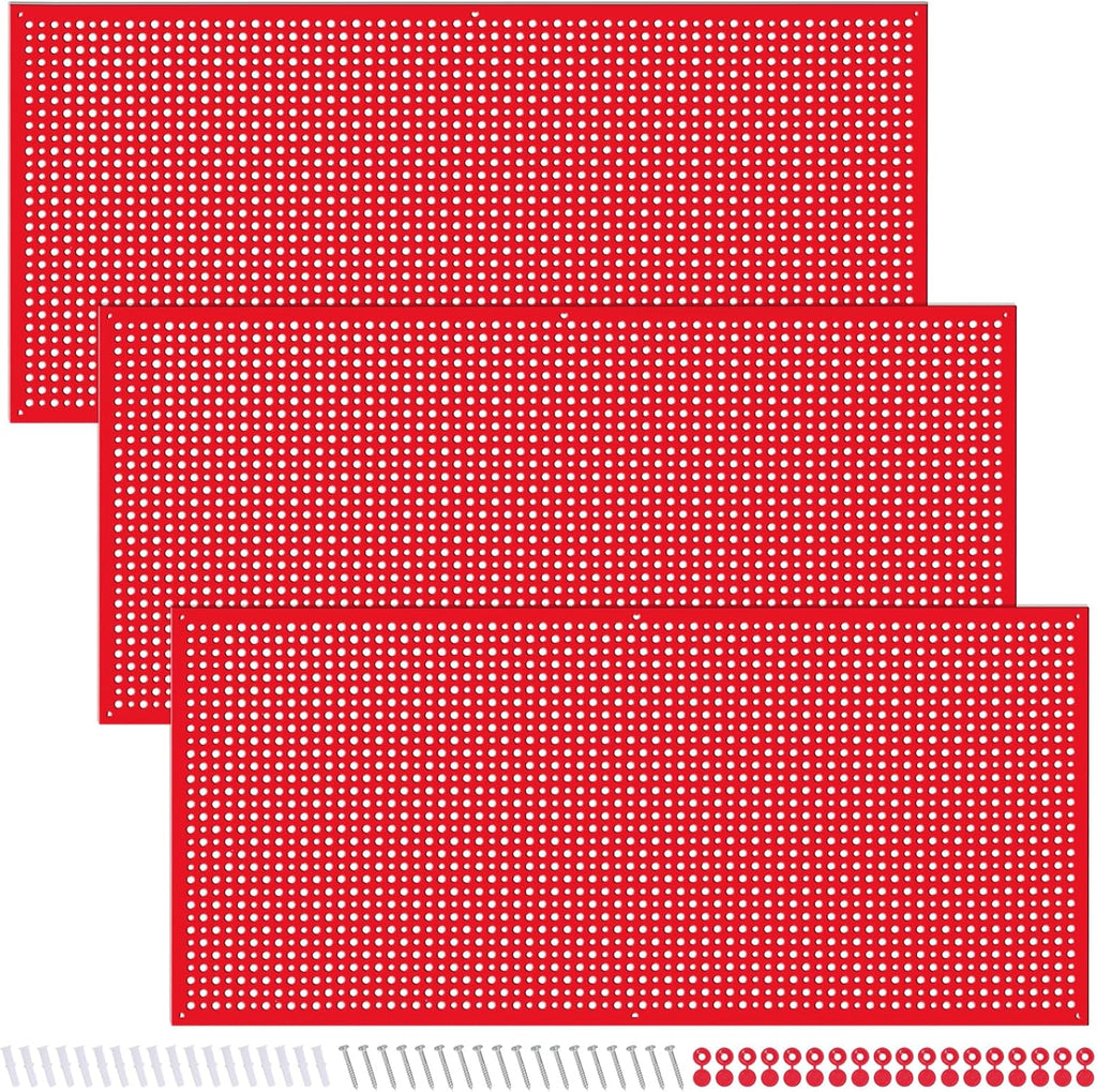 Pegboard Rack Garage Storage Steel Horizontal PegBoard Pack,Steel Pegboard Heavy Duty- 3 Pack 16-Inch X 36-Inch Metal Peg Board Tool Organization Panels (Red)