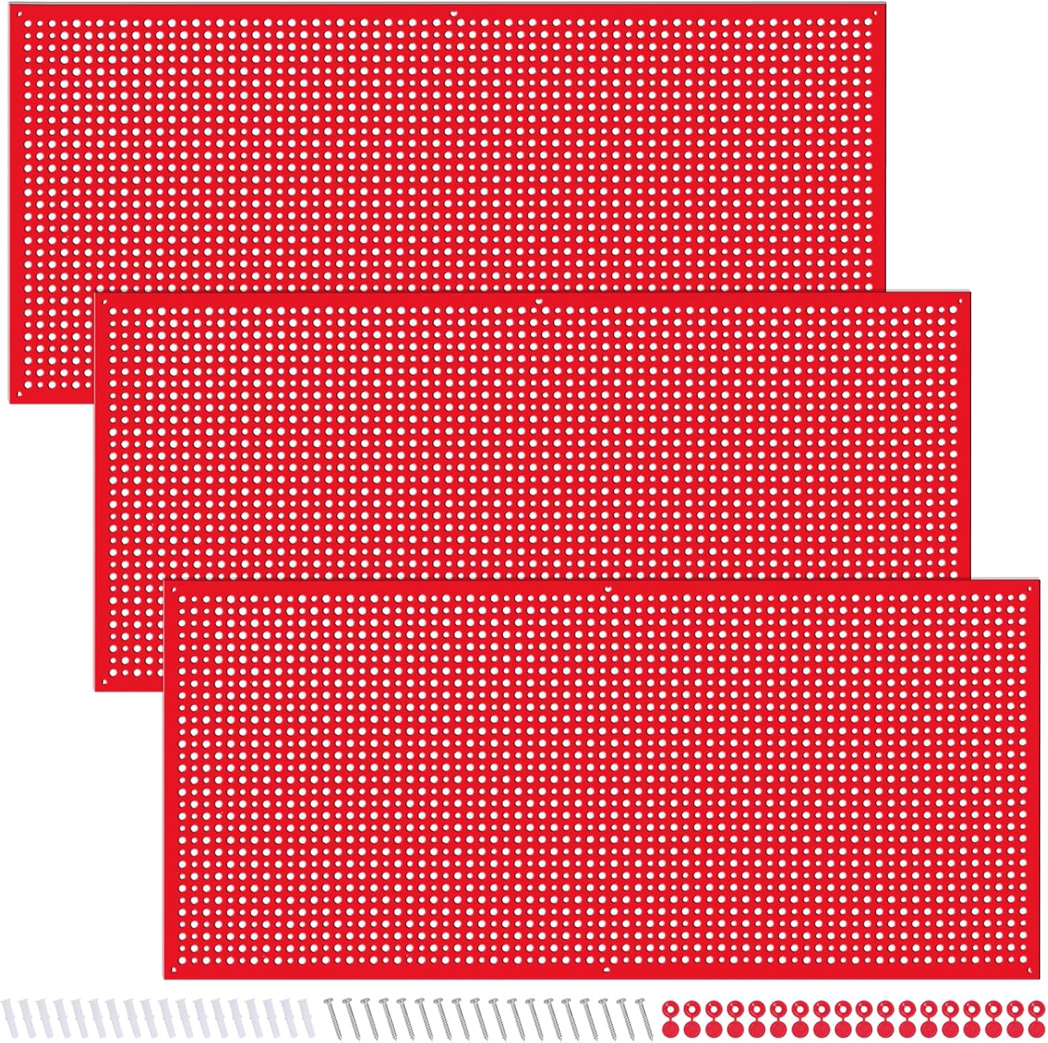 Pegboard Rack Garage Storage Steel Horizontal PegBoard Pack,Steel Pegboard Heavy Duty- 3 Pack 16-Inch X 36-Inch Metal Peg Board Tool Organization Panels (Red)