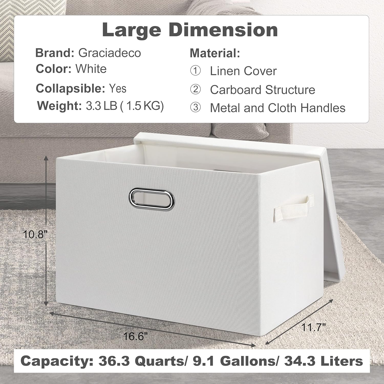 Large 17" 36 Quart Collapsible Stackable Storage Bins with Lids, 3 Packs White Linen Fabric Closet Boxes with Lids, Storage Cube Baskets Container Organizers for Bedroom Office(17 x12 x11)