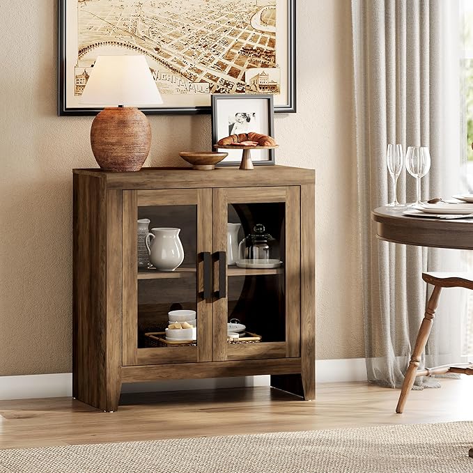 WAMPAT Farmhouse TV Stand for TVs up to 50”, Rustic Wood Entertainment Center with Adjustable Shelf, Glass Doors & Storage, Media Console Cabinet for Living-Room, Bedroom, Brown