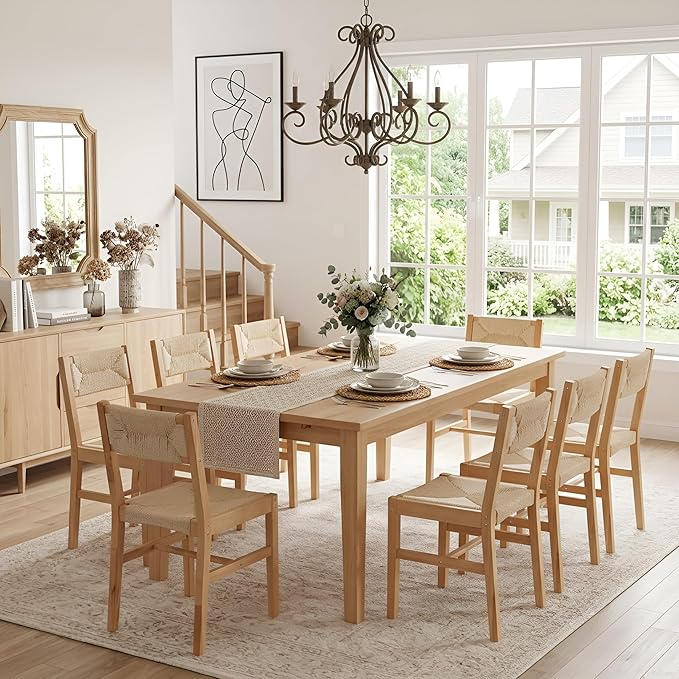 Mid Century Modern Rattan Dining Chairs Set of 4, Farmhouse Natural Beechwood Woven Dining Room Chairs, Boho Armless Cane Kitchen Wicker Chair Wooden Dining Chairs with Weave Hemp Seat and Back