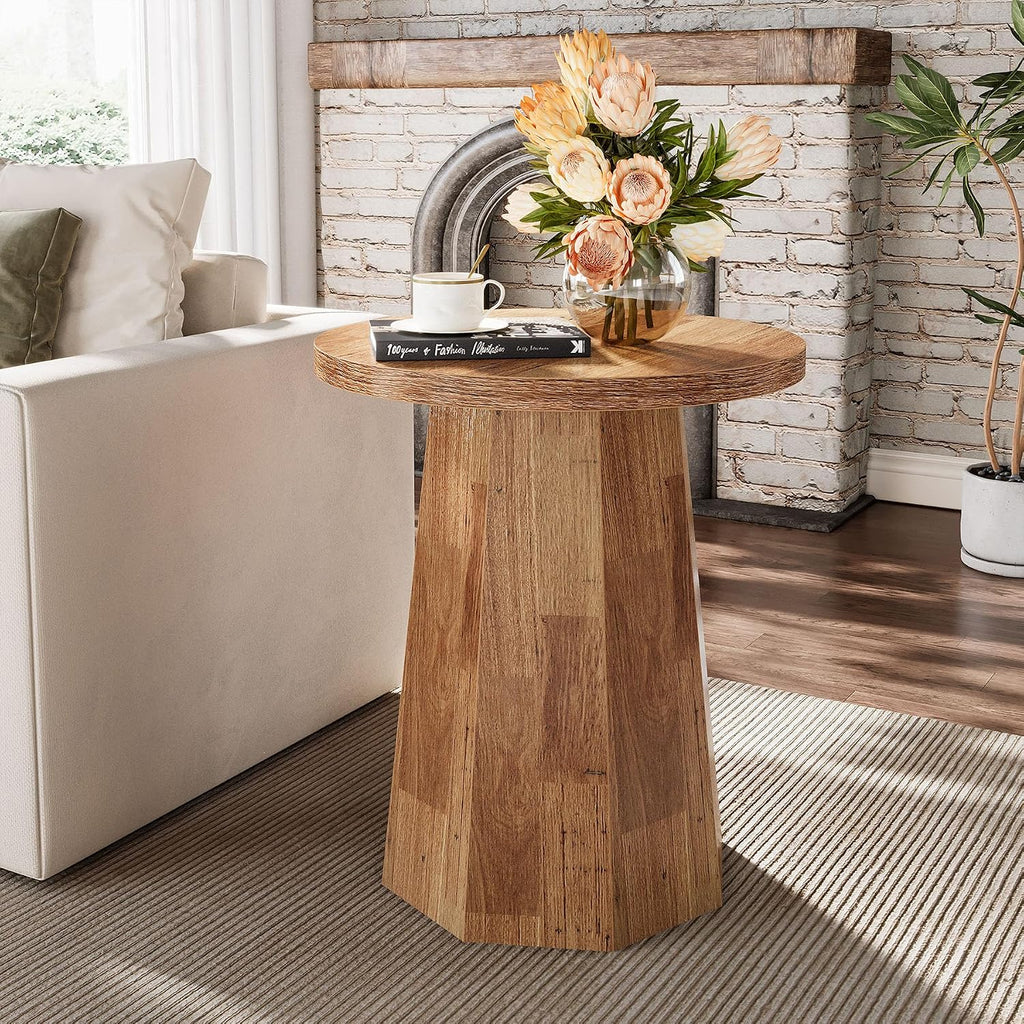 Tribesigns Round Pedestal End Table, Farmhouse Couch Side Table with Octagonal Base, Wooden Drink Stand Accent Nightstand(1, Walnut)