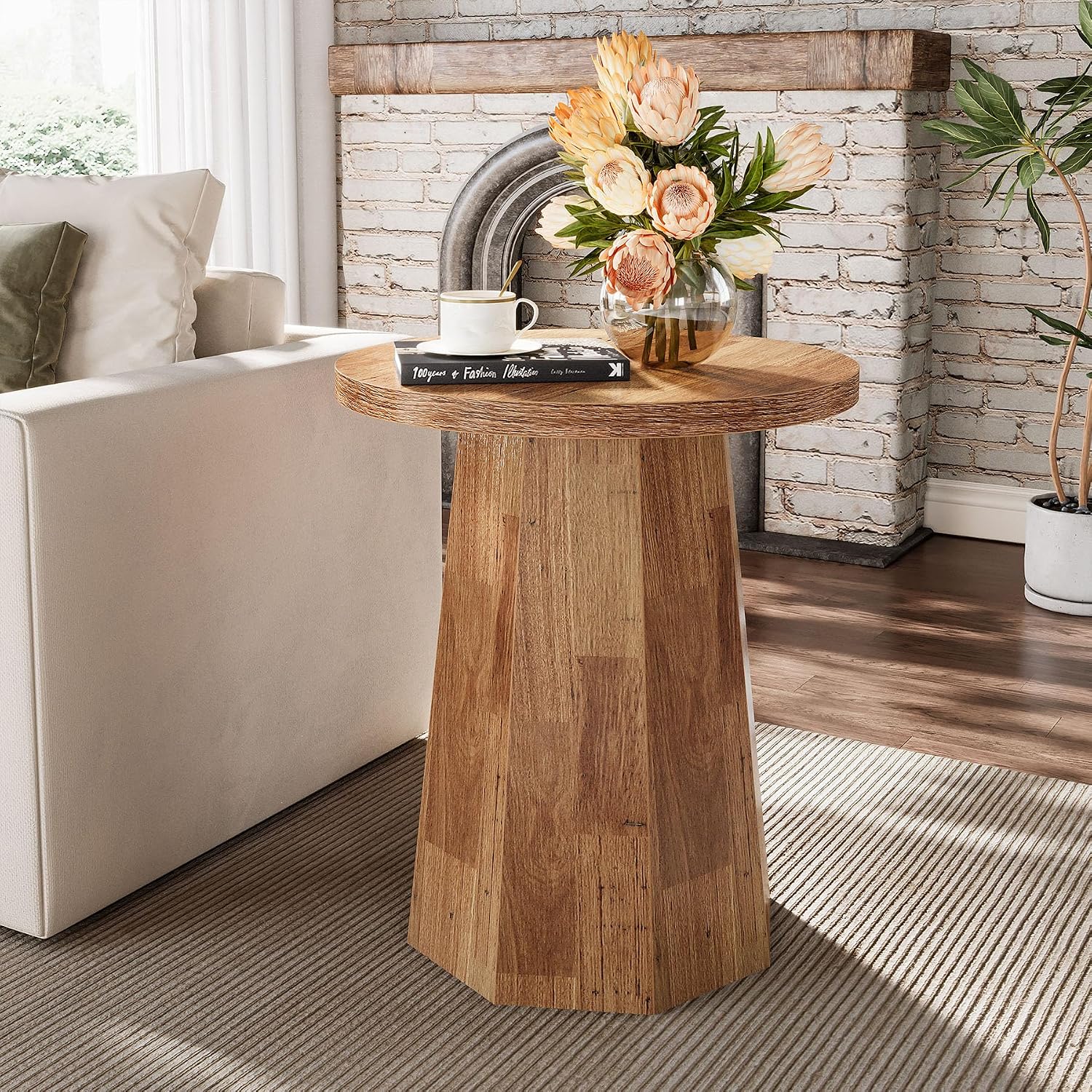 Tribesigns Round Pedestal End Table, Farmhouse Couch Side Table with Octagonal Base, Wooden Drink Stand Accent Nightstand(1, Walnut)