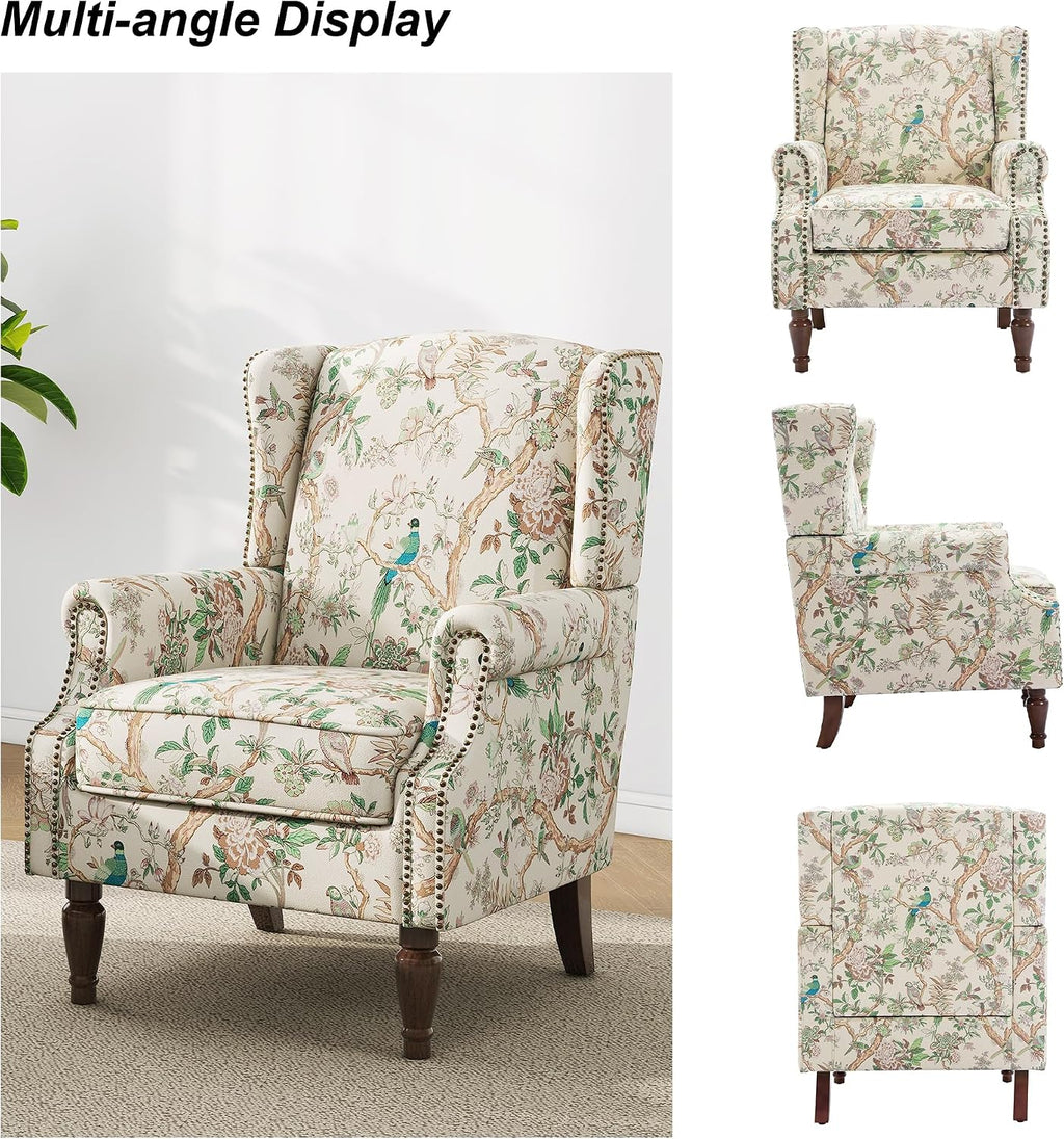 Wingback Accent Chair with Wood Legs, Bird, Set of 1 | High Back with Side Wings | Armrest Nailhead Trim | Solid Wood Frame | High-Density Foam Cushion | For Living Room & Bedroom