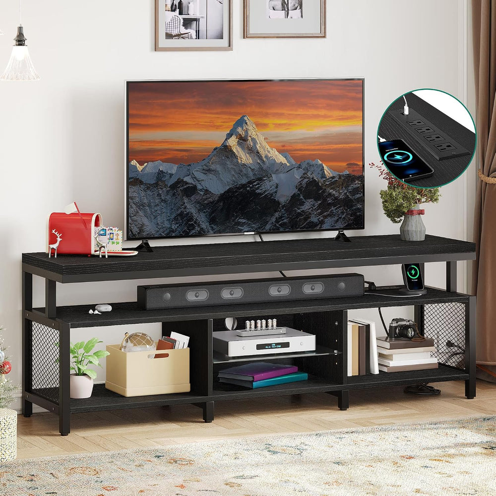 YITAHOME LED Industrial TV Stand with Power Outlets, Living Room, Black | Ent...