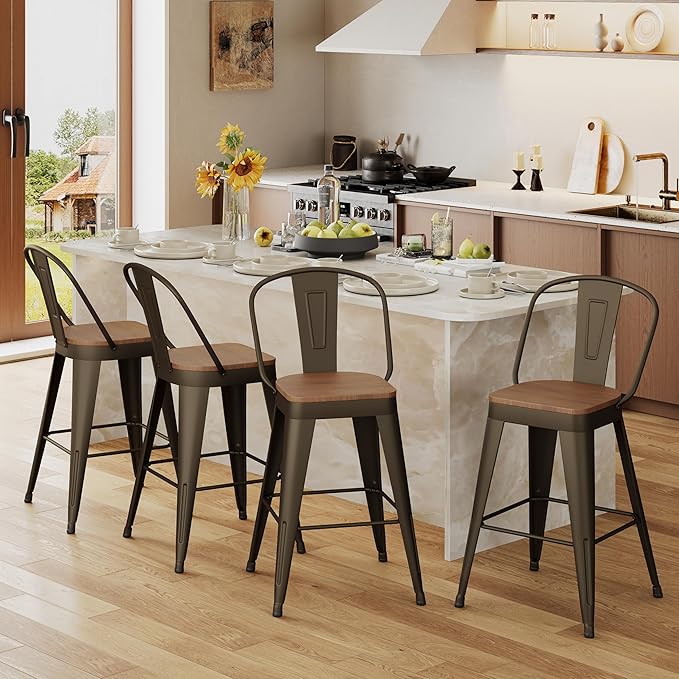Andeworld Metal Bar Stools Set of 2, 26 inch Counter Height Barstools with Ba...