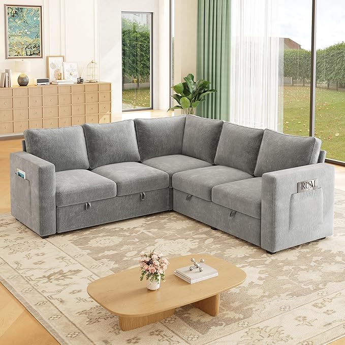 83.5" Sectional Sleeper Sofa with Pull Out Couch, Modern 5 Seat L Shaped Modular Couch, Sectionals Modular Sofa with Storage, Comfy Sectional Couches for Living Room & Apartment, Light Gray