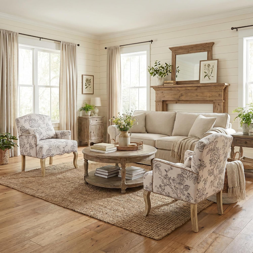 Shunzhi Floral Accent Chairs Farmhouse Upholstered Armchair Linen Reading Cha...