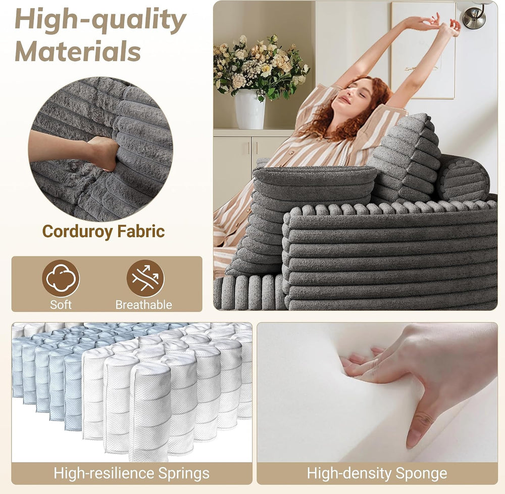 Oversized Round Chaise Lounge, 50" Corduroy Chair, Grey | Deep Seat Sing...