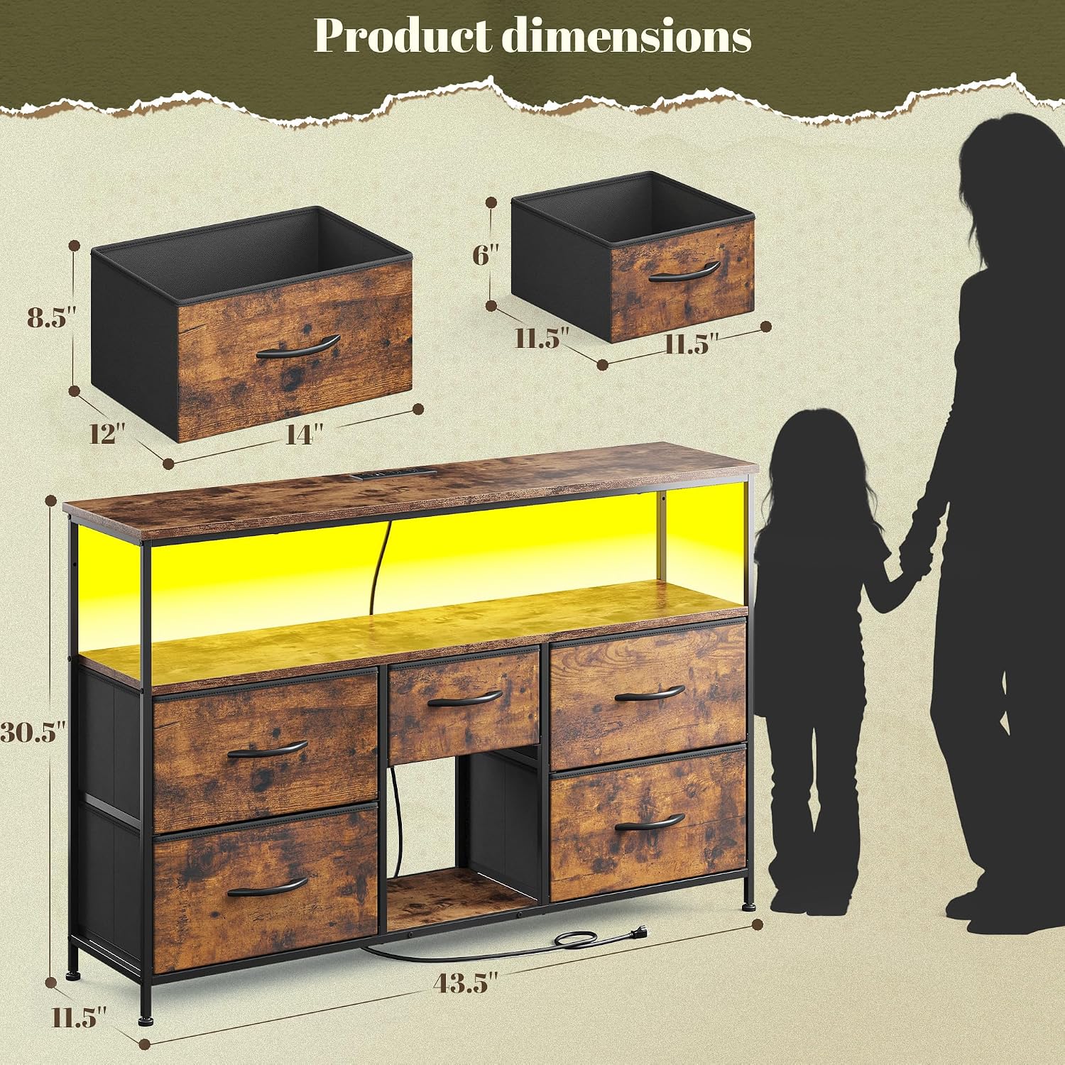 Romorgniz TV Stand for 45/50" TVs, 5 Drawers & LED Lights & Power Outlets | Strong Metal Frame for Stability, Spacious Shelves Display Collections & Keep Organized, Dresser for Bedroom & Studio, Brown
