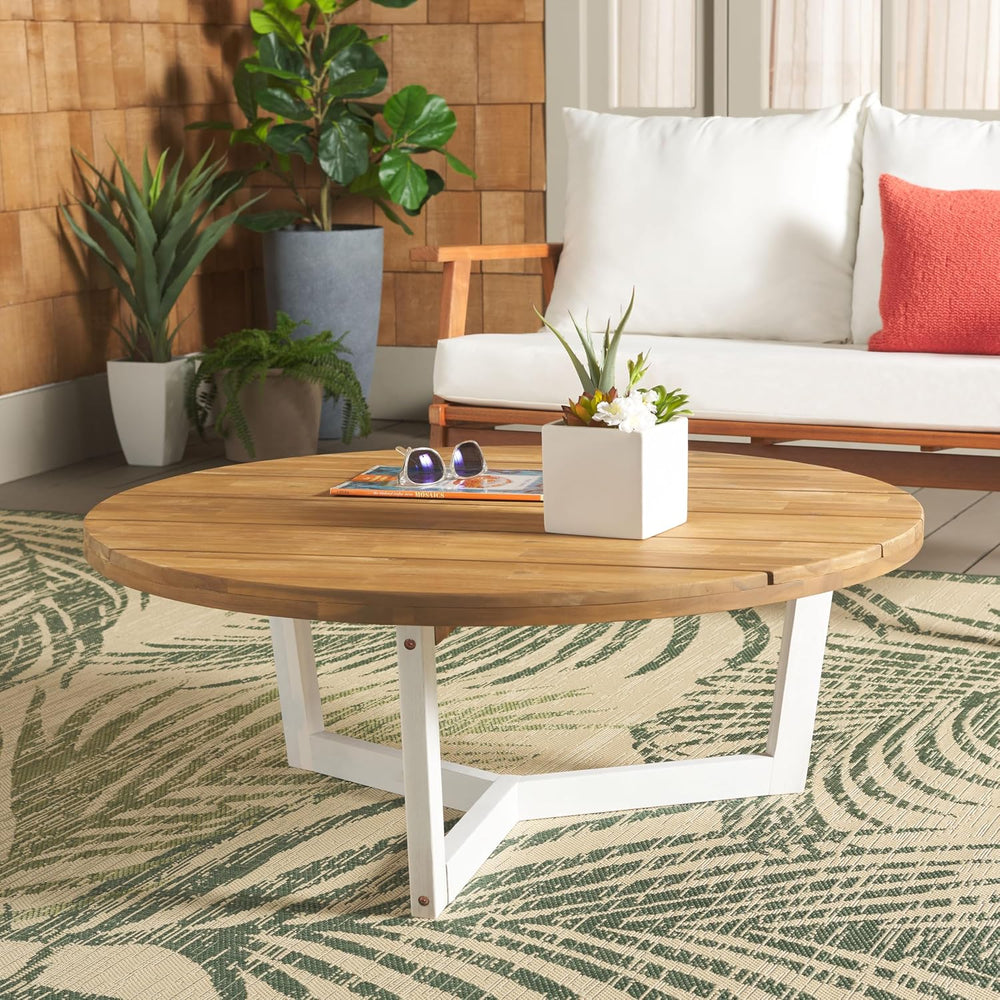 SAFAVIEH Outdoor Leo Wood Coffee Table, 39.4" Natural/White PAT7319A