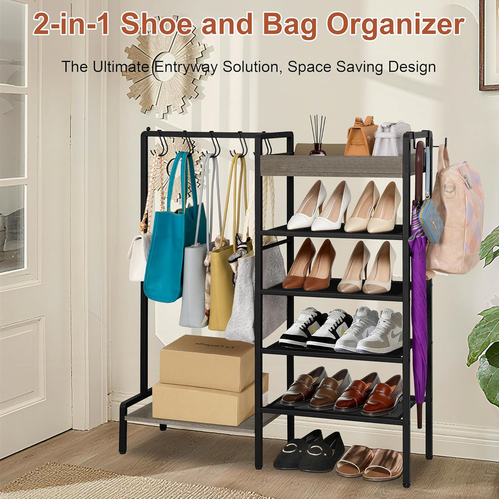 2-in-1 Shoe and Bag Organizer, 5 Tier Shoe Rack with Wooden Tray & 7 Hooks, Industrial Metal Shoe Shelf with Removable Shelves for Boot Storage, Perfect for Entryway, Closet, Garage, Black