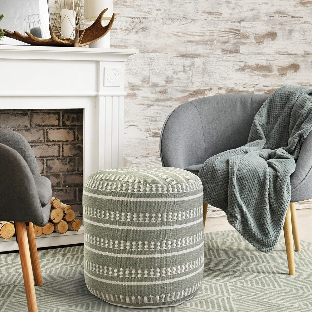 LR Home Dash and Stripe Geometric Indoor Outdoor Pouf, Green/White, 20" ...