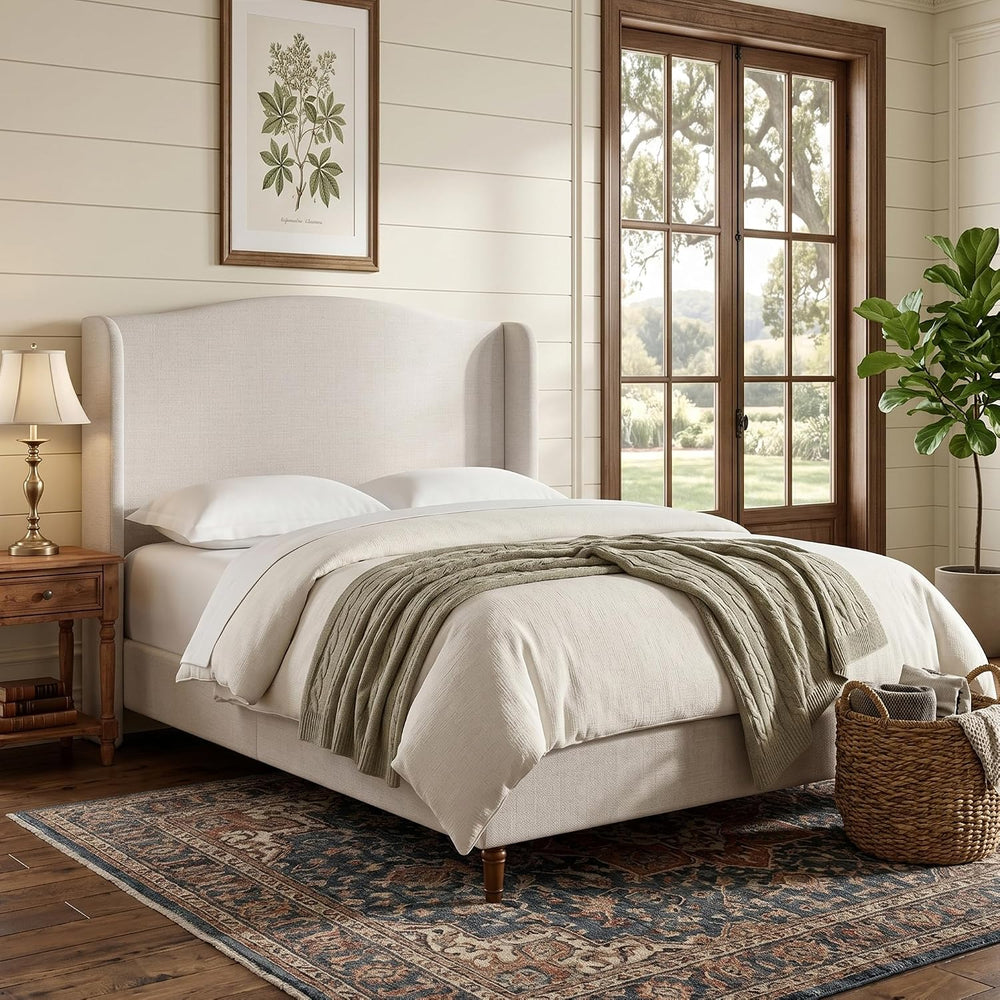 Upholstered Platform Wingback Bed Frame with 54" High Headboard, Solid W...