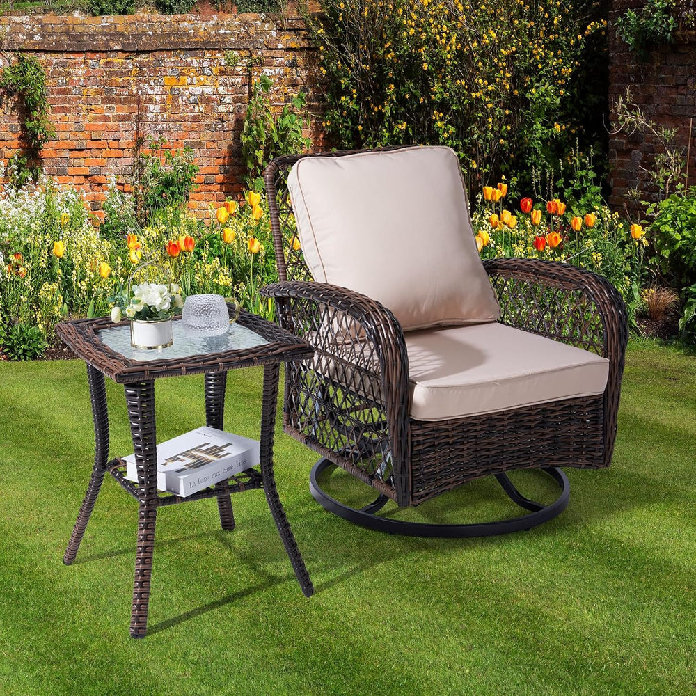 VINGLI Outdoor Side Table with Storage Wicker Patio Side Table, Tempered Glas...